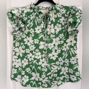 Flower & Feather Romantic Satiny M Green Floral Ruffle Sleeves Blouse W/Tie Neck